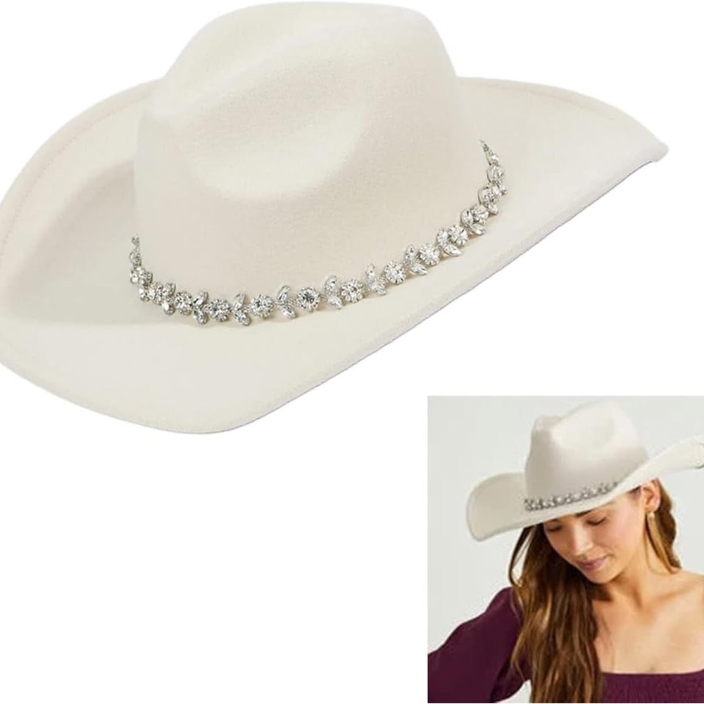 Nikki Beach 100 % Panama White Rhinestone Trim Cowboy Hat - Women OS